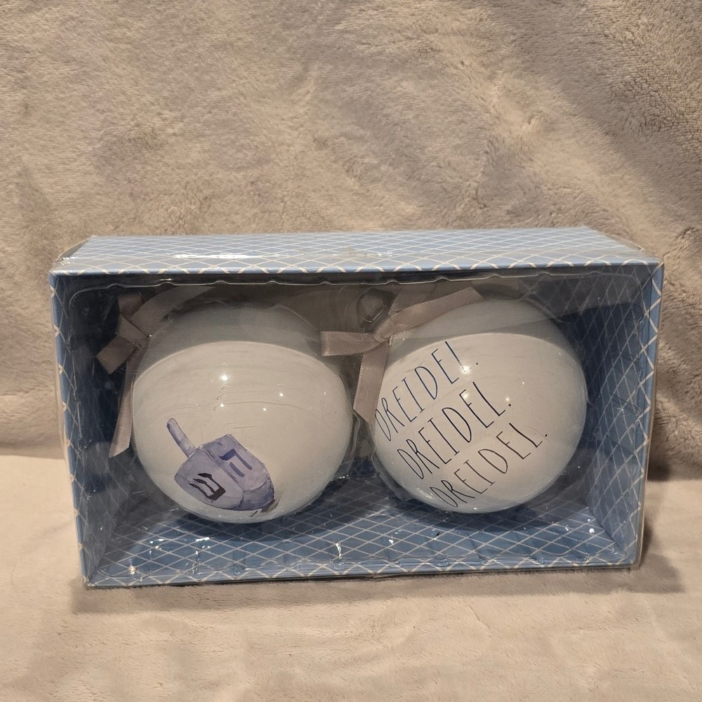 Rae Dunn Set of 2 Happy Hanukkah‎ Glass Ornaments Dreidel Set
